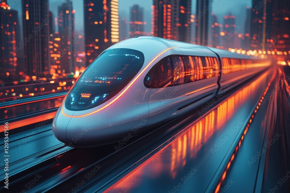 Fototapeta premium High-speed train with a sleek modern exterior speeding through the city