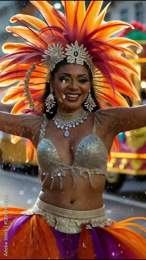 Danseuse de samba dans ses habits d'apparat au carnaval de Rio de Janeiro. sa tenue est composée de dorure et de plumes jaunes orangées. Elle danse dans les rues du Brésil avec un grand sourire. 