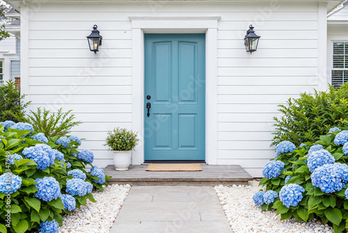 Charming house front with blue door, white siding, black lantern sconces, and a garden of blooming blue hydrangeas
