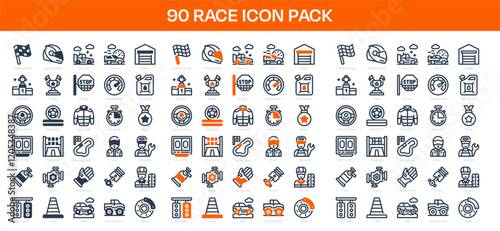 90 Race Icons in 3 Styles (Line, Solid, Two-Tone), Featuring Checkered Flag, Engine, Fuel Canister, and More – Vector Illustrations