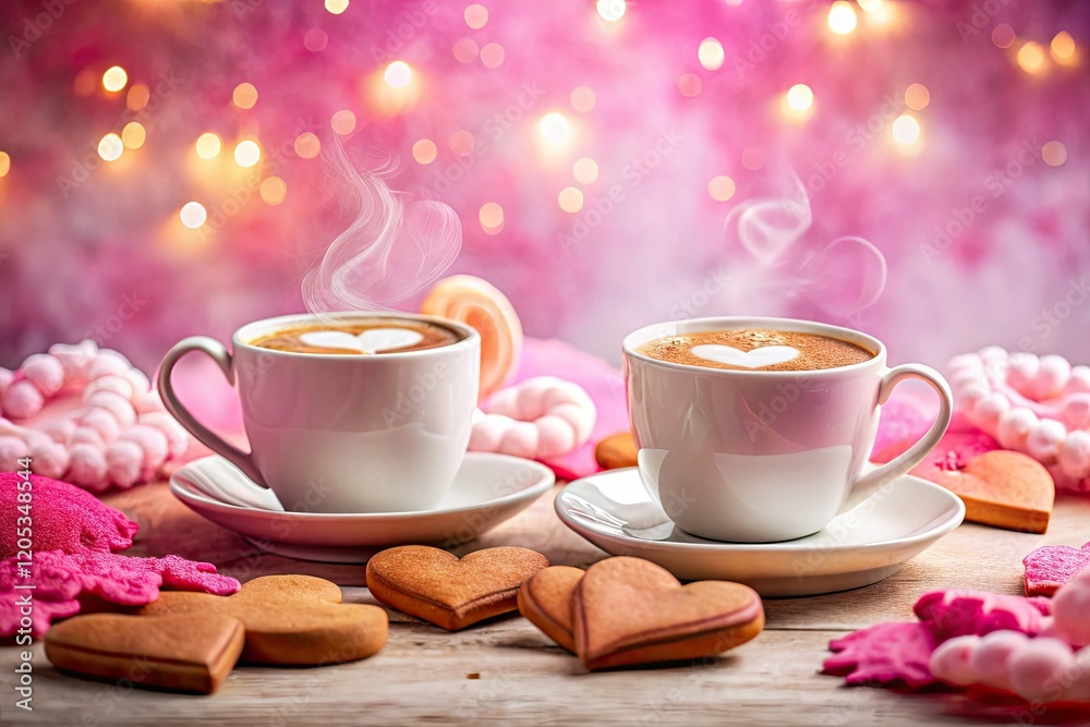 Architectural watercolor captures Valentine's Day warmth: heart cookies and steamy hot chocolate. Architectural watercolor captures Valentine's Day warmth: heart cookies and steamy hot chocolate.