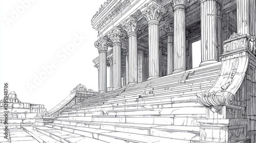 Detailed black and white sketch of an ancient temple with large stone stairs and columns