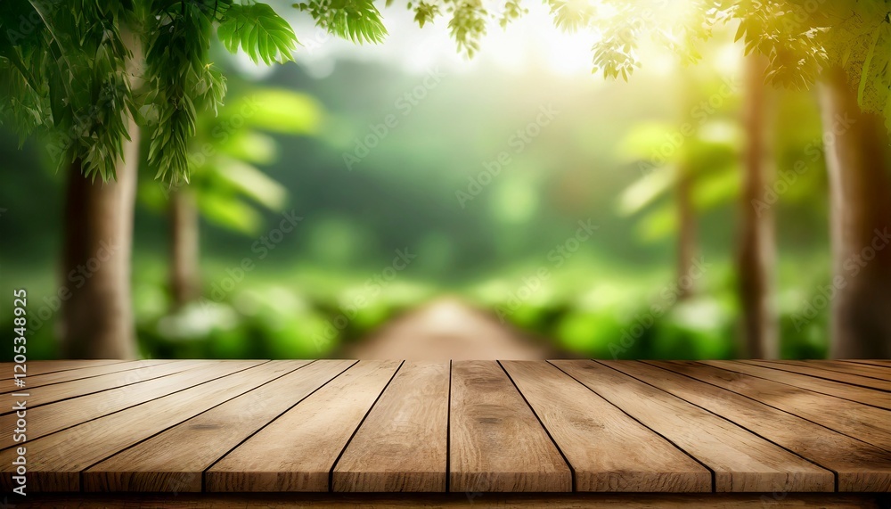 Wood desk table top with green nature blur background. Empty plank wooden table for product replacement Wood desk table top with green nature blur background. Empty plank wooden table for product replacement