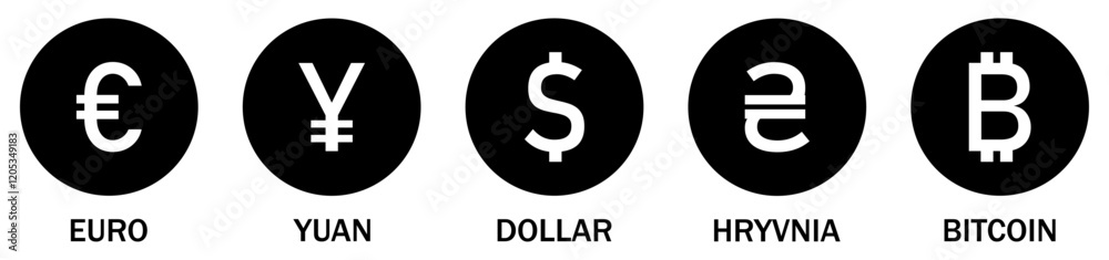 Obraz premium International currency vector sign symbol. Collection of International currency icons. World currency silhouette icons set isolated on a white background. Flat style. Vector illustration.