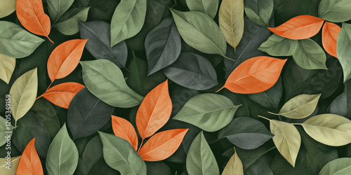 Wallpaper Mural A vibrant pattern of green and orange leaves scattered against a dark background, creating a natural and calming aesthetic. Torontodigital.ca
