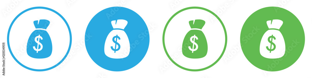 Set of Money bag icons. Money bag with dollar icon. Dollar money bag vector icons set in green and blue circle. Silhouette and line icons. Flat design. Vector illustration. Set of Money bag icons. Money bag with dollar icon. Dollar money bag vector icons set in green and blue circle. Silhouette and line icons. Flat design. Vector illustration.