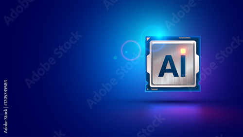 Ai chip top view on blue. AI chip fly in cyberspace. Artificial Intelligence CPU core. Electronic technology concept. Processor or CPU with AI core. Artificial intelligence of electronic chip.
