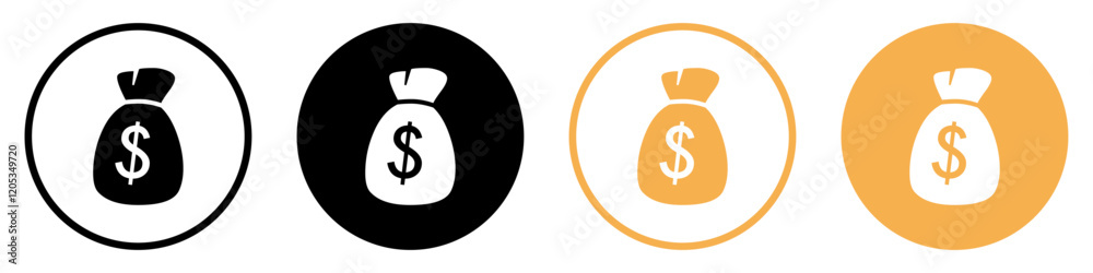 Set of Money bag icons. Money bag with dollar icon. Dollar money bag vector icons set in black and yellow circle. Silhouette and line icons. Vector illustration. Set of Money bag icons. Money bag with dollar icon. Dollar money bag vector icons set in black and yellow circle. Silhouette and line icons. Vector illustration.