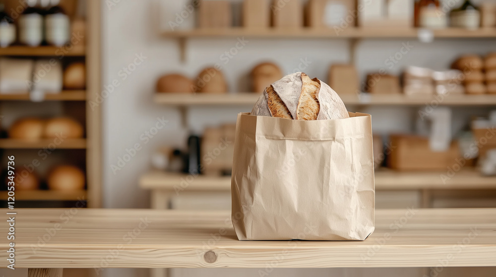 A medium shot of a loaf of sourdough bread in a paper bag, placed on a minimalist wooden bakery shelf. The background features a bokeh effect of softly blurred shelves, suggesting A medium shot of a loaf of sourdough bread in a paper bag, placed on a minimalist wooden bakery shelf. The background features a bokeh effect of softly blurred shelves, suggesting