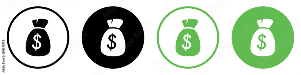 Set of Money bag icons. Money bag with dollar icon. Dollar money bag vector icons set in black and green circle. Silhouette and line icon. Flat style. Vector illustration. Set of Money bag icons. Money bag with dollar icon. Dollar money bag vector icons set in black and green circle. Silhouette and line icon. Flat style. Vector illustration.