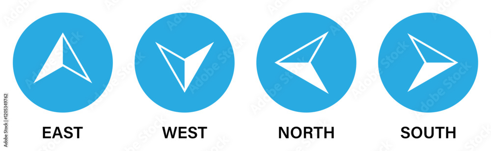 Set of compass vector icons in blue circle isolated on a white background. East, west, north, south compass arrow icon. Map direction. Silhouette and flat design. Vector illustration. Set of compass vector icons in blue circle isolated on a white background. East, west, north, south compass arrow icon. Map direction. Silhouette and flat design. Vector illustration.