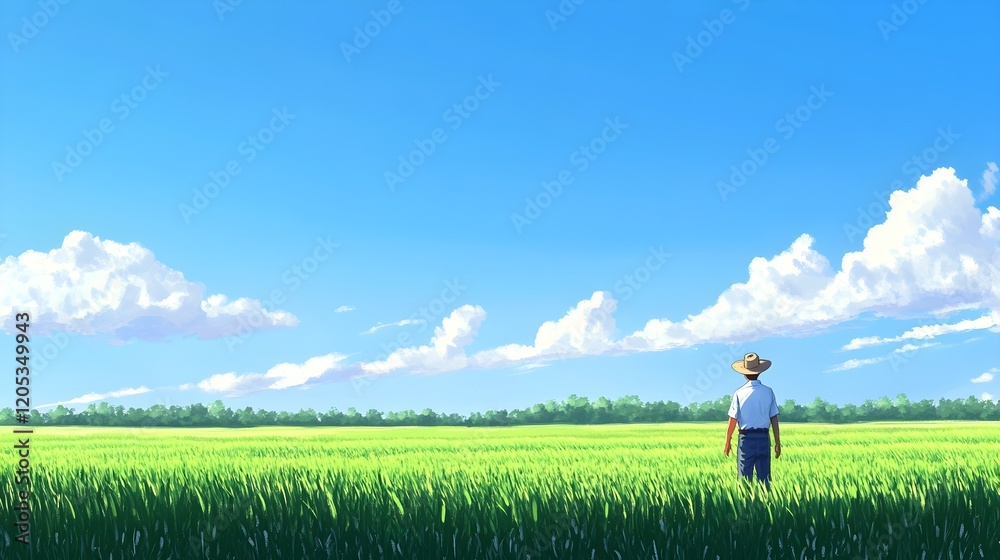 Farmer Inspecting Lush Green Crops in Serene Open Field Landscape Farmer Inspecting Lush Green Crops in Serene Open Field Landscape