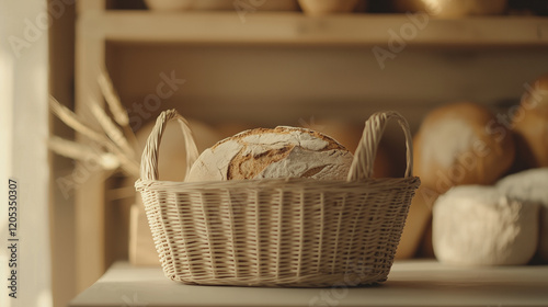 A medium shot of a basket with a loaf of sourdough bread, positioned on a clean, minimalistic bakery shelf. The background features a gentle bokeh effect, with blurred outlines of photo