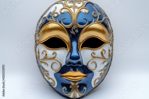 A decorative blue and white mask with gold accents, suitable for costumes or themed parties