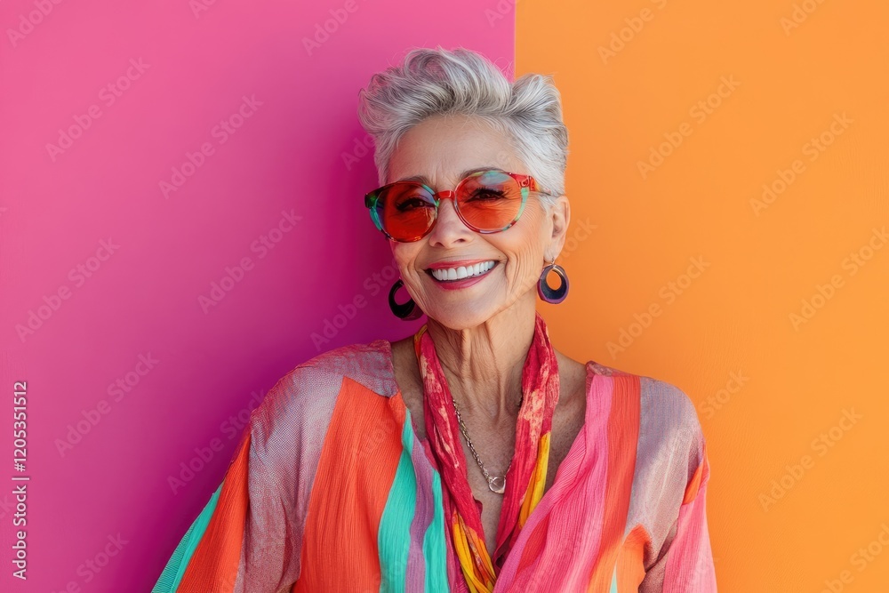 Smiling Older Woman in Bold Colorful Attire and Sunglasses Smiling Older Woman in Bold Colorful Attire and Sunglasses