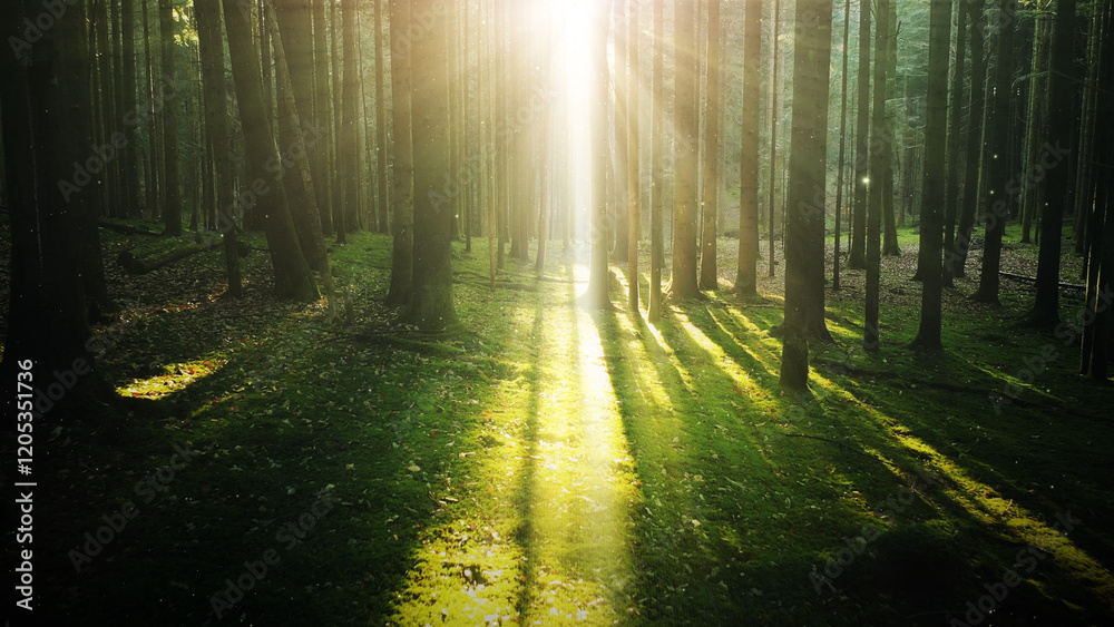 Fototapeta premium Flying fireflies in sunny forest landscape.