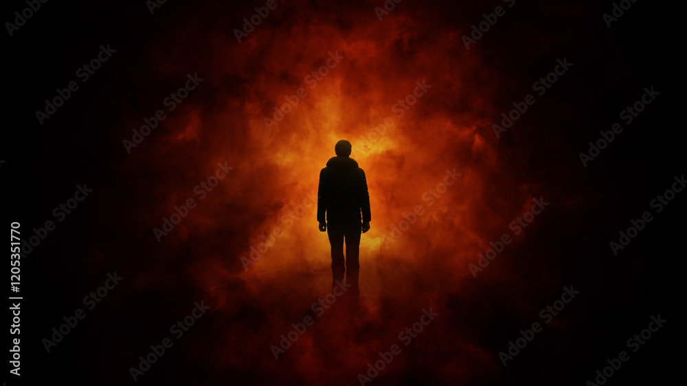 Fototapeta premium People and fire flames with dark night light illustration.