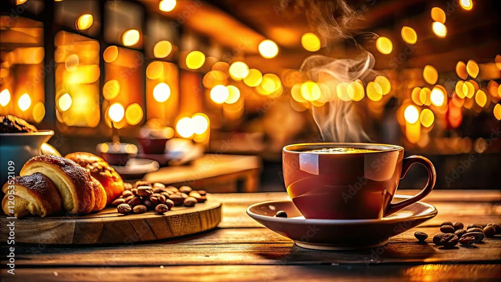 Obraz premium Cozy coffee shop, evening's dim light paints a moody, warm ambiance.