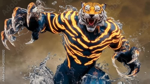 a fearsome humanoid water figure with bold, wave-like stripes glowing in fiery orange and white, reminiscent of a tiger’s fierce pattern. its sharp claws are formed of concentrated liquid energy, glow
