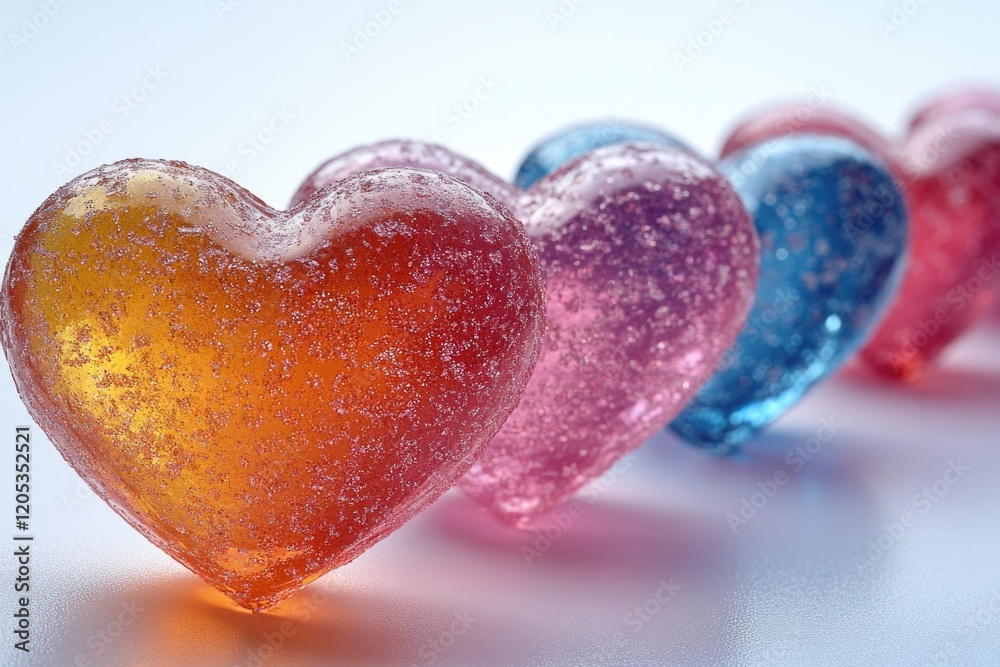 A row of colorful heart-shaped gummy candies on a white background A row of colorful heart-shaped gummy candies on a white background