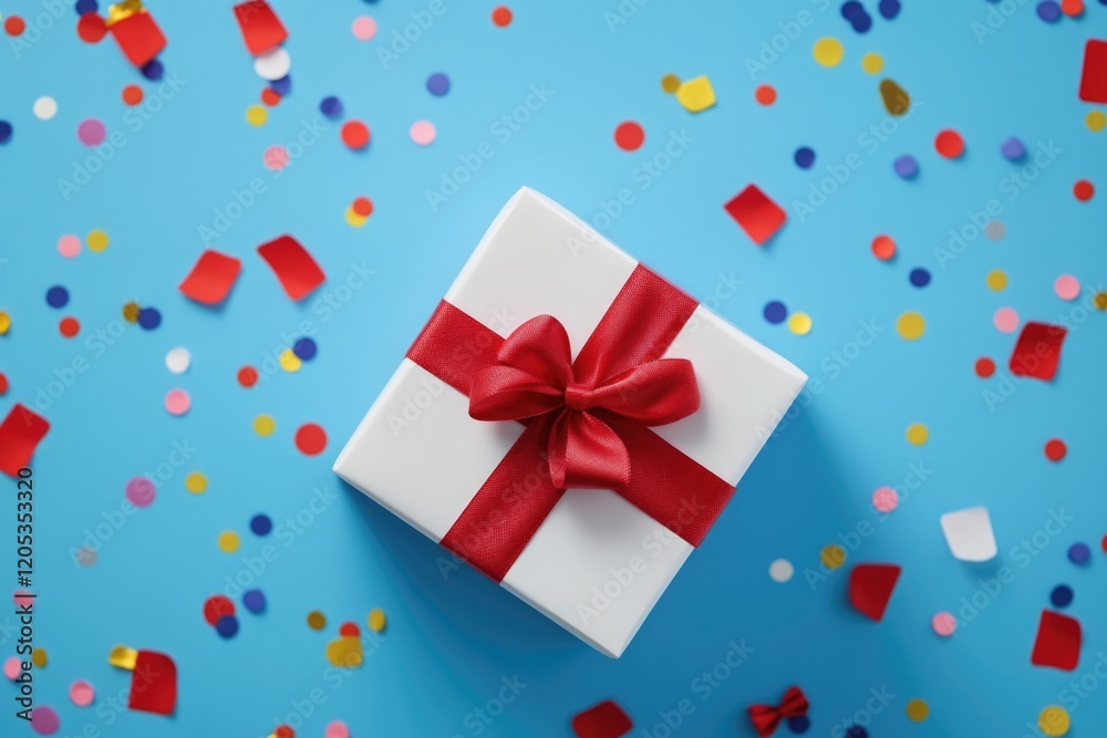 A small white gift box wrapped in a red ribbon against a blue background, perfect for presentations and special occasions A small white gift box wrapped in a red ribbon against a blue background, perfect for presentations and special occasions