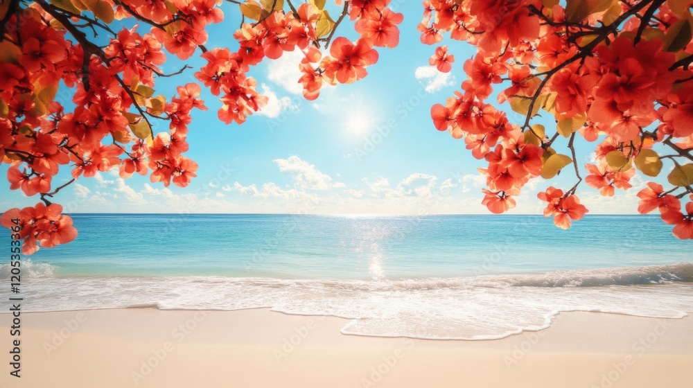 Vibrant Orange Flowers Frame Tropical Beach Scene Vibrant Orange Flowers Frame Tropical Beach Scene