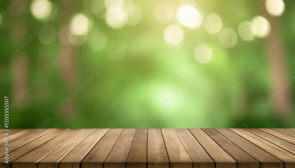 Wood desk table top with green nature blur background. Empty plank wooden table for product replacement Wood desk table top with green nature blur background. Empty plank wooden table for product replacement