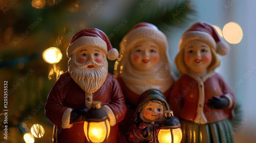 Three Santa Claus figurines surrounded by two happy children, ideal for Christmas scenes or festive decorations Three Santa Claus figurines surrounded by two happy children, ideal for Christmas scenes or festive decorations