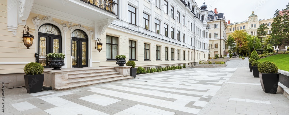 Fototapeta premium Gate Iron Elegant exterior of a luxury hotel with landscaped entrance
