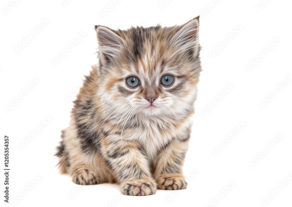 Obraz premium Fluffy kitten with blue eyes sitting on a white background, looking forward