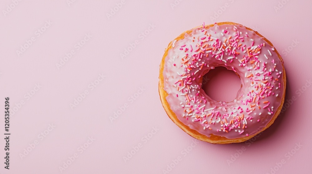 A pink frosted donut with colorful sprinkles on a soft pink background, creating a delightful and tempting dessert aesthetic. A pink frosted donut with colorful sprinkles on a soft pink background, creating a delightful and tempting dessert aesthetic.