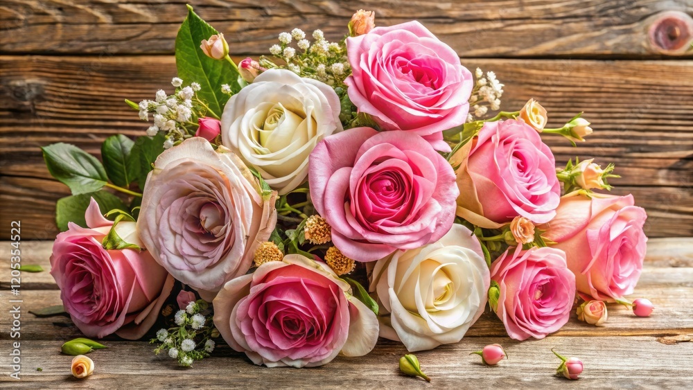 Delicate pink roses and white blossoms, adorned with golden accents, elegantly arranged against a warm wooden backdrop. Delicate pink roses and white blossoms, adorned with golden accents, elegantly arranged against a warm wooden backdrop.