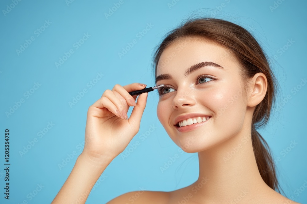 A woman smiles while using a mascara brush A woman smiles while using a mascara brush