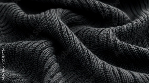 A luxurious winter jersey fabric in a charcoal black tone, featuring a tightly knit pattern with fine interlocking loops.  photo