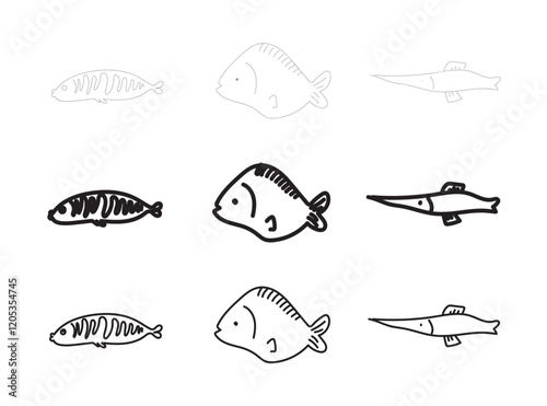 Hand drawn doodle fishes, sketched fish pictogram, sardine flock icon, sketchy sea animals, mackerel