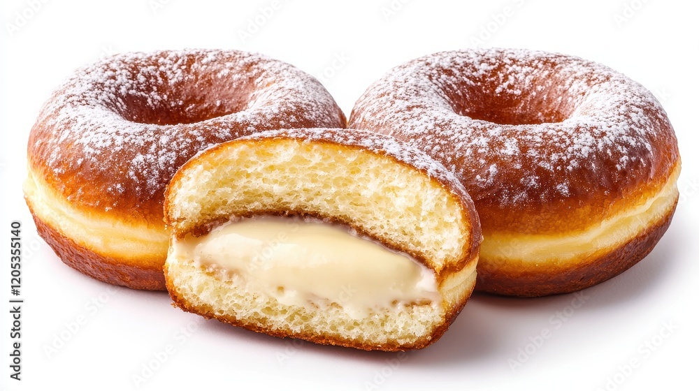 Two powdered doughnuts, one cut in half to reveal a creamy filling, showcasing a delicious dessert treat. Two powdered doughnuts, one cut in half to reveal a creamy filling, showcasing a delicious dessert treat.