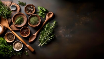 Tableau sur toile  Rustic culinary setup featuring dried and fresh herbs, wooden utensils, and aromatic spices for cooking  © Kaan