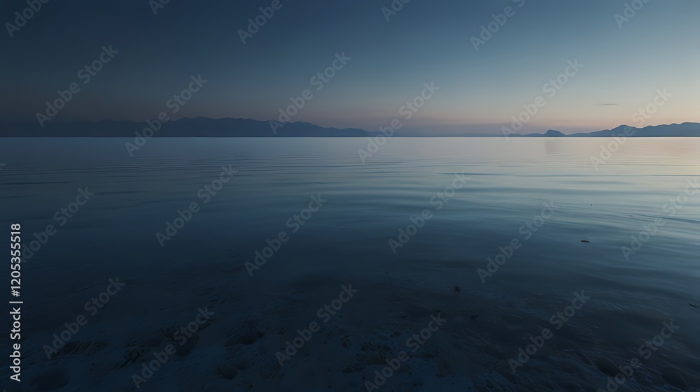 Fototapeta premium Serene twilight over calm waters, reflecting a tranquil atmosphere.
