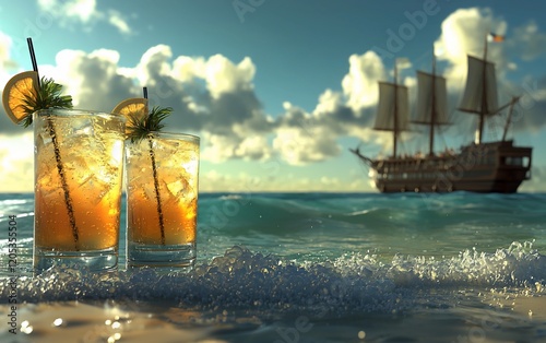 Two iced tea drinks on beach with sailboat.