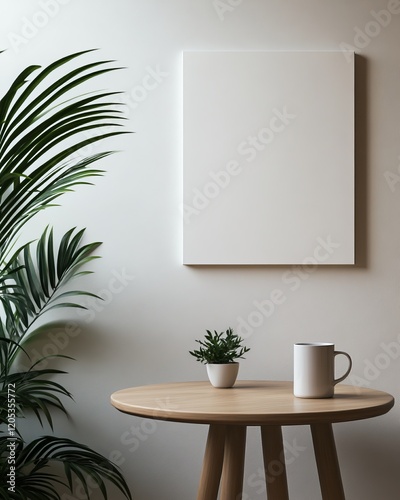 Wallpaper Mural Blank canvas mockup on wall with plant, mug and small plant on wooden table. Torontodigital.ca