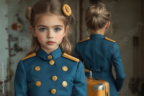 A young girl in a blue uniform holding a suitcase, ready for a journey