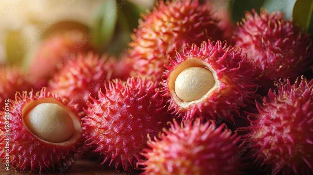 Red rambutan fruit pile, some opened. Red rambutan fruit pile, some opened.