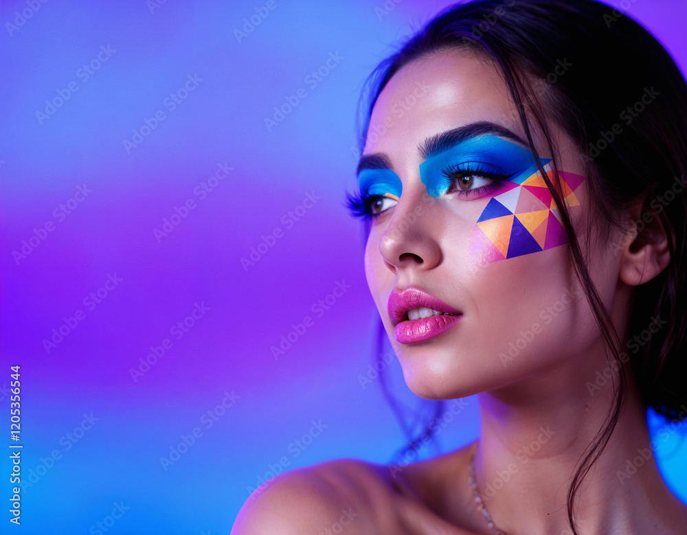 Fototapeta premium Modern Art Portrait, Woman with Colorful Geometric Face Paint and Soft Lighting