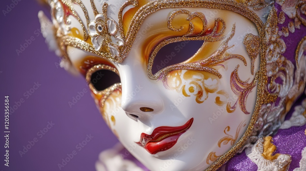 A close-up shot of a mask with a deep purple background, great for fashion or art-related compositions A close-up shot of a mask with a deep purple background, great for fashion or art-related compositions