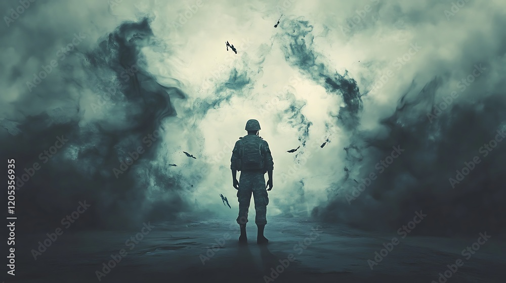 an image of a soldier experiencing flashbacks, with ghostly images of a traumatic event hovering around them, conveying the haunting nature of memories and anxiety that accompany PTSD an image of a soldier experiencing flashbacks, with ghostly images of a traumatic event hovering around them, conveying the haunting nature of memories and anxiety that accompany PTSD