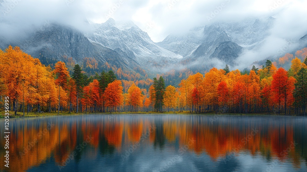 Obraz premium Autumnal lake, mountain reflection, misty morning, fall foliage