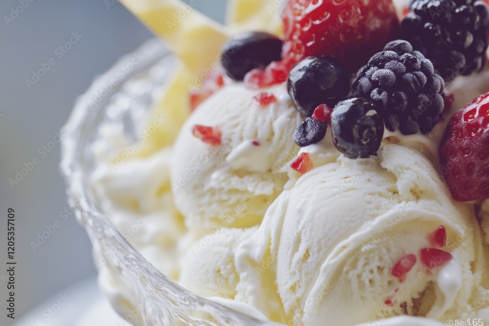 A delicious bowl of ice cream topped with mixed berries and blackberries A delicious bowl of ice cream topped with mixed berries and blackberries