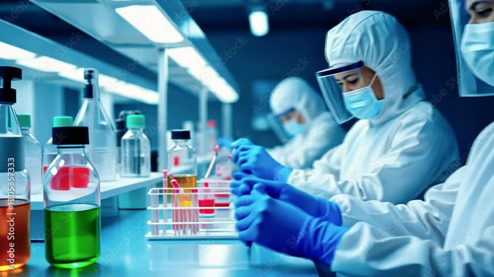 Scientists in protective gear conduct experiments in a laboratory setting. Scientists in protective gear conduct experiments in a laboratory setting.
