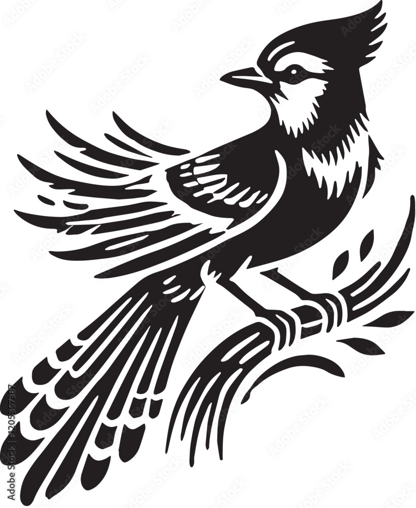 Obraz premium Black Color Blue Jay Silhouette Vector Illustration, Solid White Background. minimal vector design