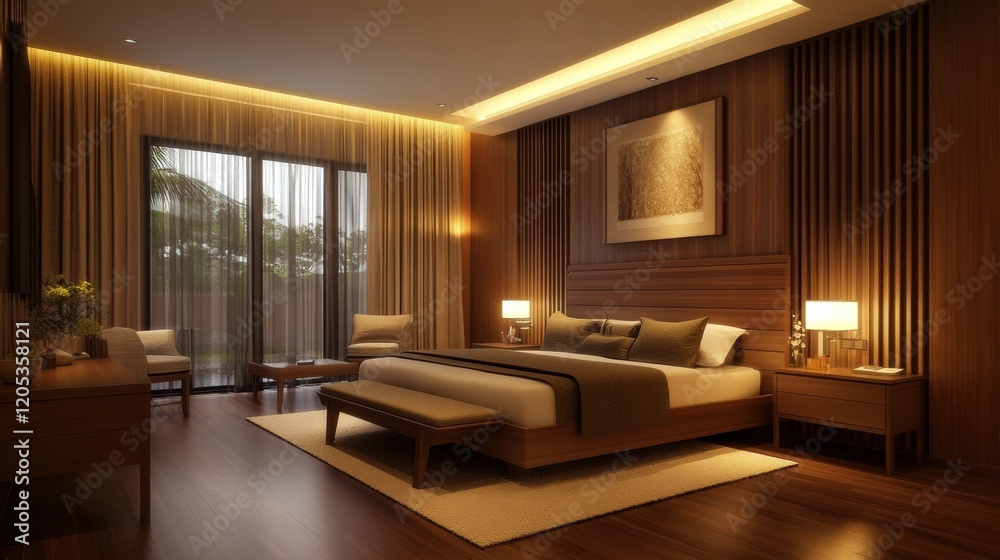 Fototapeta premium Clean and modern wood bedroom, focusing on uncluttered design and polished wooden furniture for a sleek and stylish bedroom